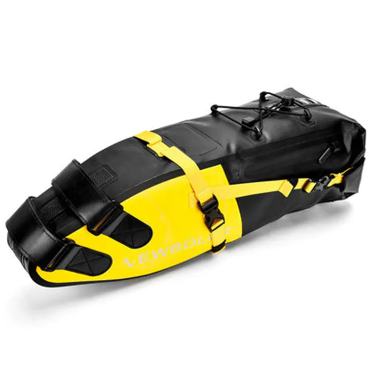Large yellow waterproof bicycle tail bag mounted on bike, showing 13L capacity.