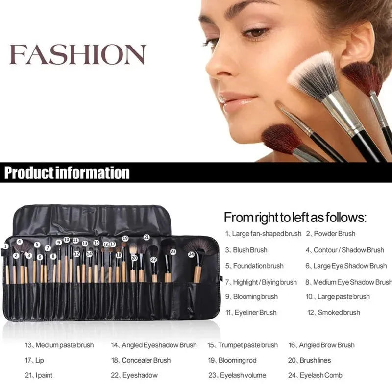 24 professional makeup brushes with wooden handles in a PU gift bag