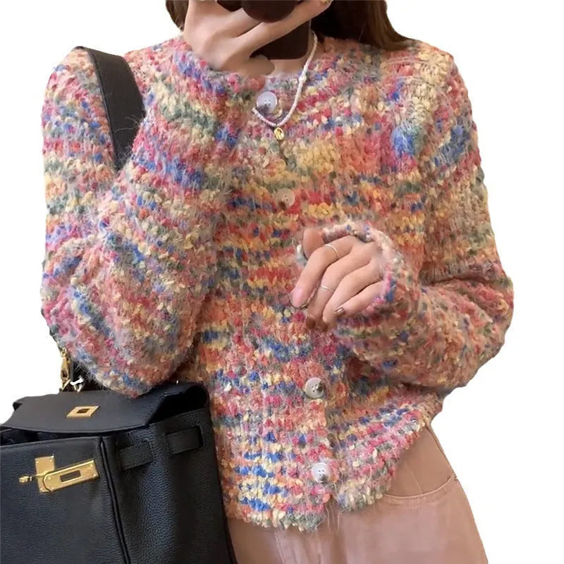 Retro style slim fit knitted cardigan sweater in pink and green colour options
