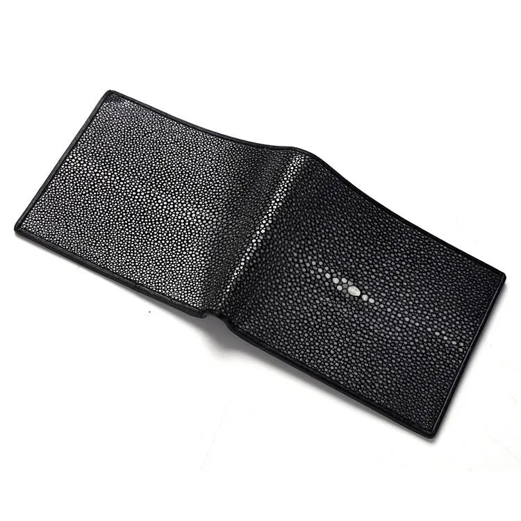 Women's short pearl fishskin leather wallet in horizontal square design with stitching detail