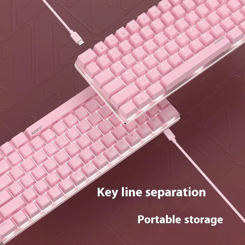 Pink mechanical gaming keyboard with white backlight showing 82-key layout