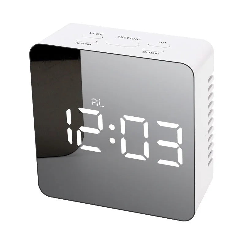 LED digital mirror desktop alarm clock with USB cable, plastic shell, rectangular white light