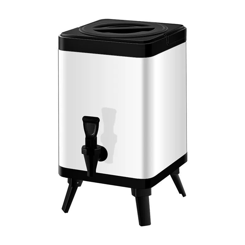 Silver stainless steel milk tea bucket with square design and lockable lid, 8 litre capacity
