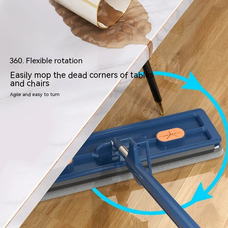 Large flat mop with blue cloth on stainless steel telescopic handle showing rotating head mechanism