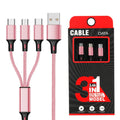 1.2 metre long multi-device charging cable with nylon braid in red, blue, gold, black, silver, and rose gold colours