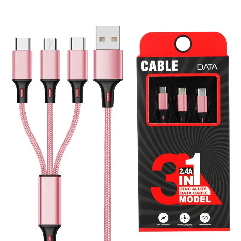 1.2 metre long multi-device charging cable with nylon braid in red, blue, gold, black, silver, and rose gold colours