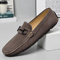 Men's beige casual slip-on shoes made from two-layer cowhide leather with a round toe and rubber sole.