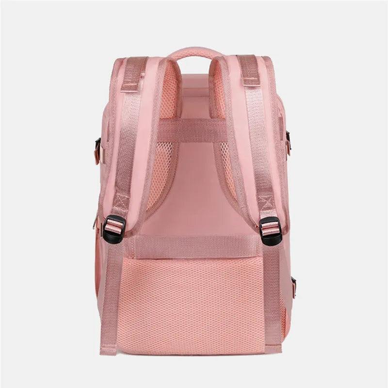 Large purple travel backpack with multiple compartments and an air pillow belt, shown open to display interior organisation.