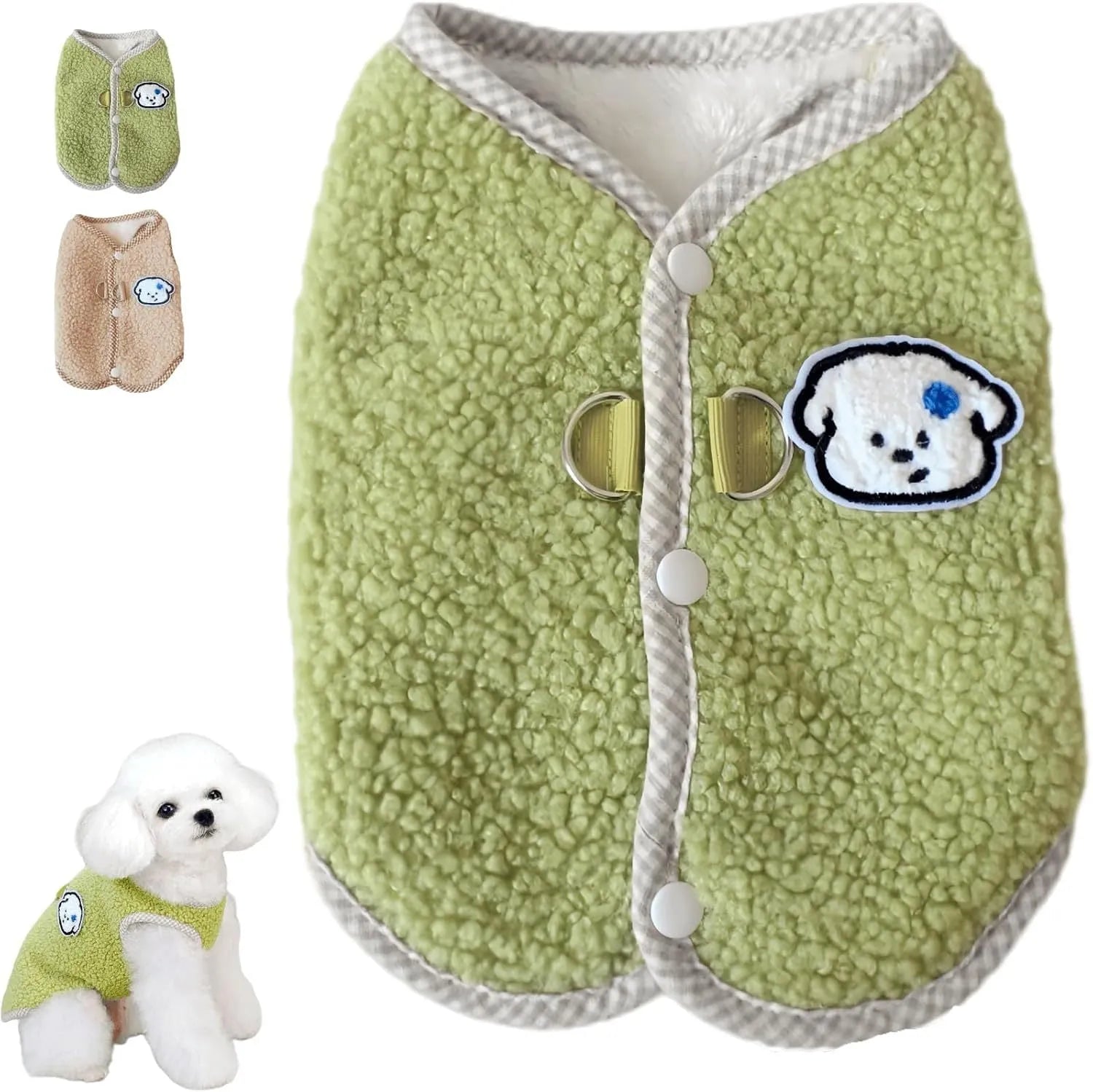 Green fleece dog vest with a metal leash ring on the back, for small pets.