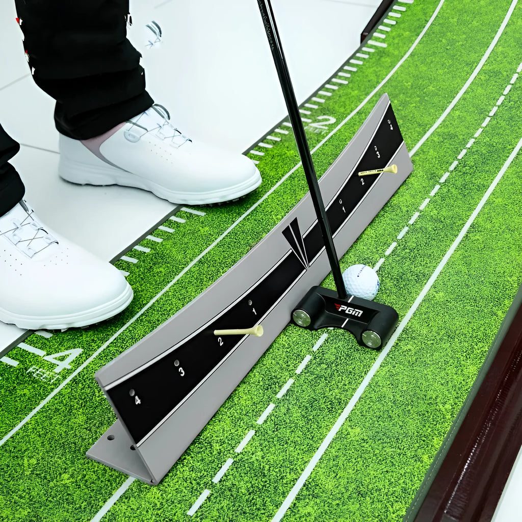 Adjustable golf putter trajectory balance simulator made from white PVC.