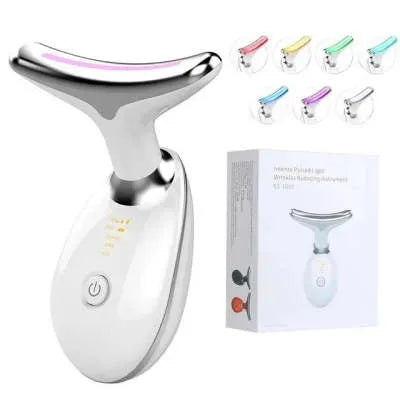 Black and silver EMS thermal neck massager with LED lights for wrinkle reduction and skin tightening