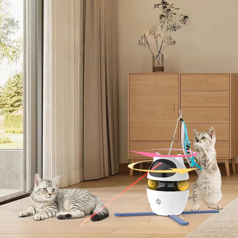 White automatic electronic cat toy with elastic rope and funny stick attachment for indoor feline play