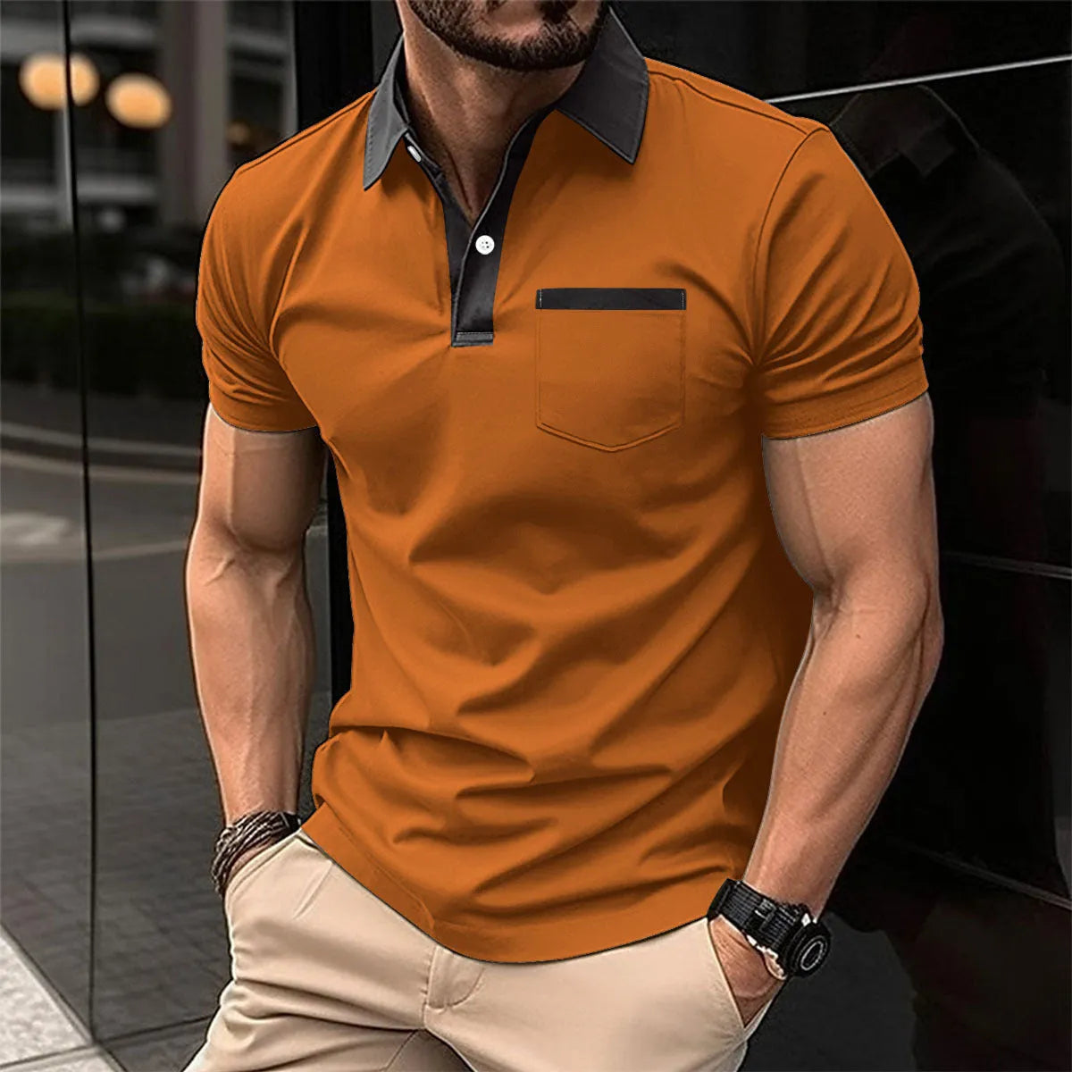 Men's cotton blend short-sleeve slim-fit polo shirt in navy blue with chest pocket, front view