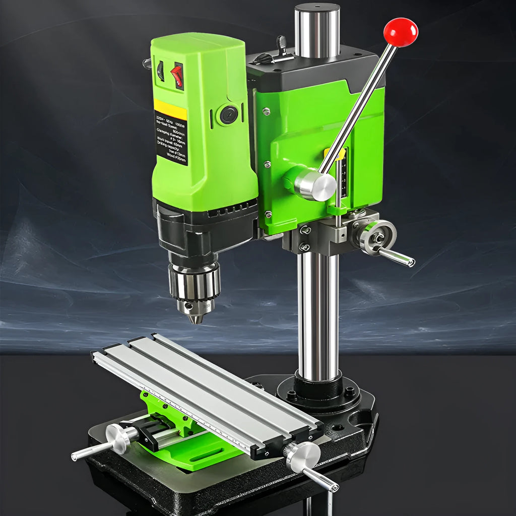 Bench-mounted drilling and milling machine with cross bench pliers and heavy-duty bench pliers.