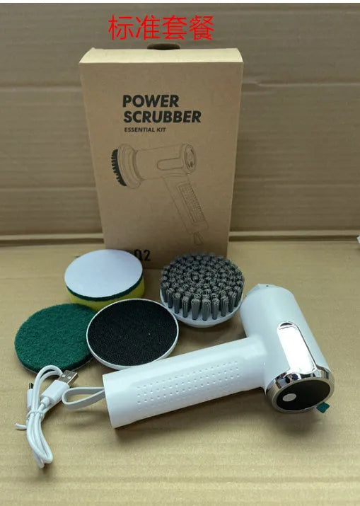 White wireless electric cleaning brush with replaceable heads and smart display for kitchen and bathroom use