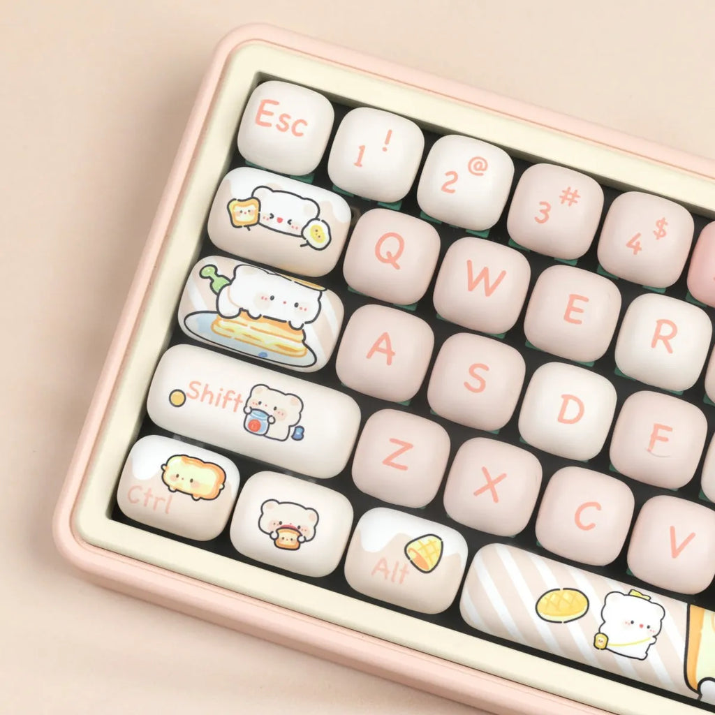 MOG Steamed Bread key cap set with 143+3 PBT keys featuring colourful bear character thermal sublimation designs