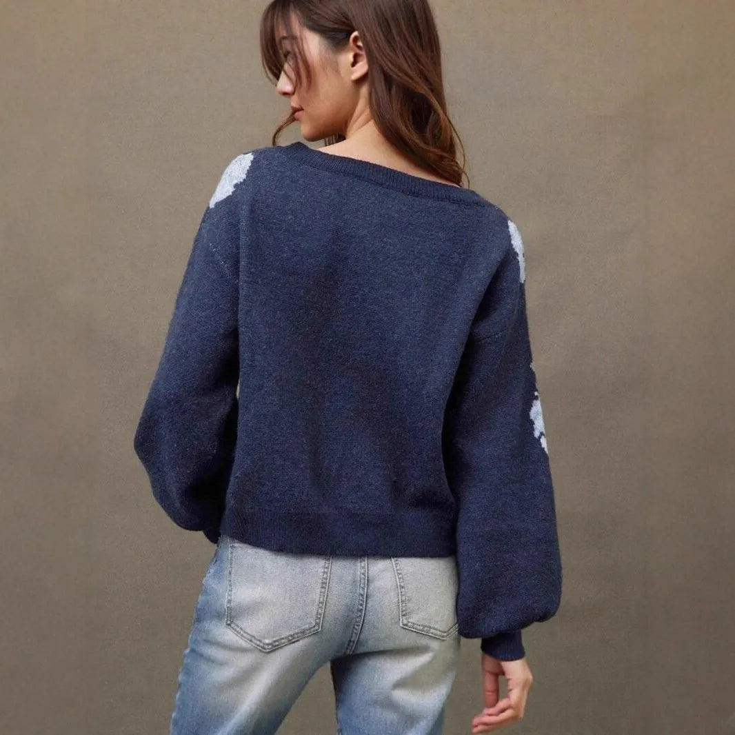 Sapphire blue women's pullover with floral jacquard pattern, off-neck design, and loose casual fit