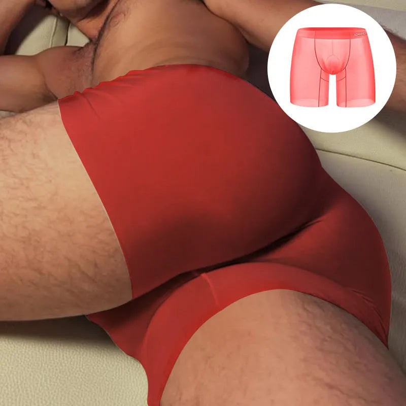 Seamless men's nylon boxer shorts in orange, pink, and red colours for exercise