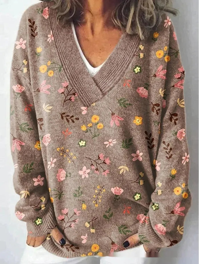 Women's V-neck long sleeve sweatshirt with a retro 3D floral pattern print in a colour from the E073 range.