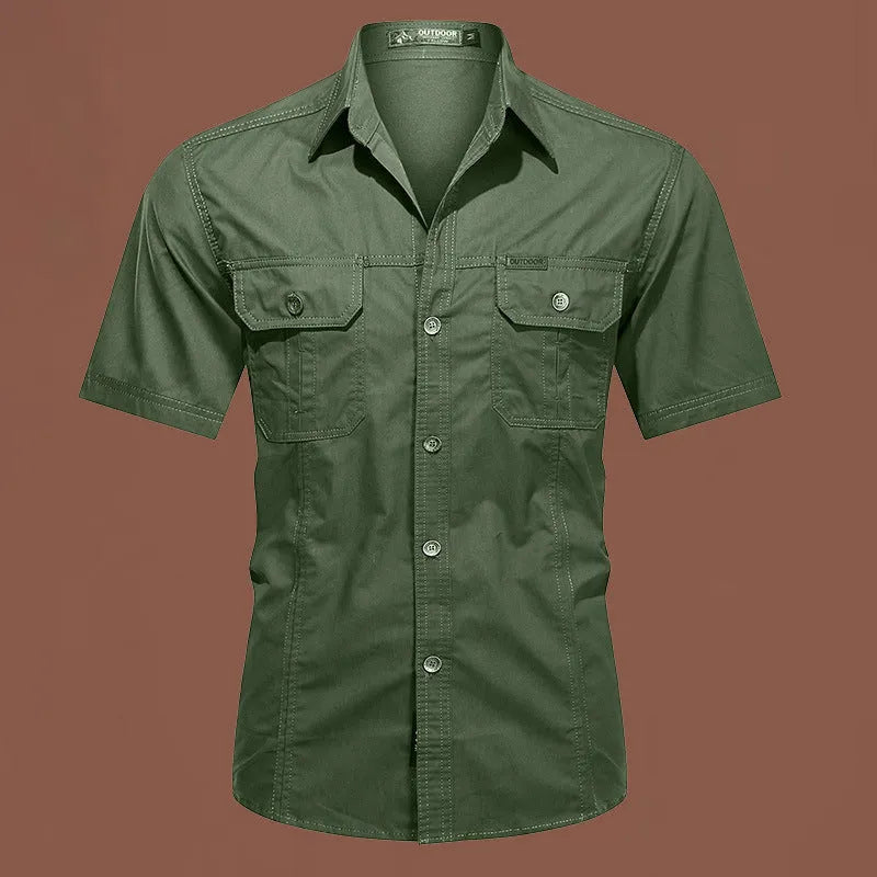 Men's short sleeve cotton work shirt in a loose cardigan style, shown in a selection of colours.