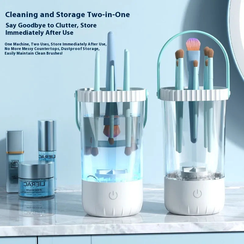 White rechargeable makeup brush cleaning device with USB cable.