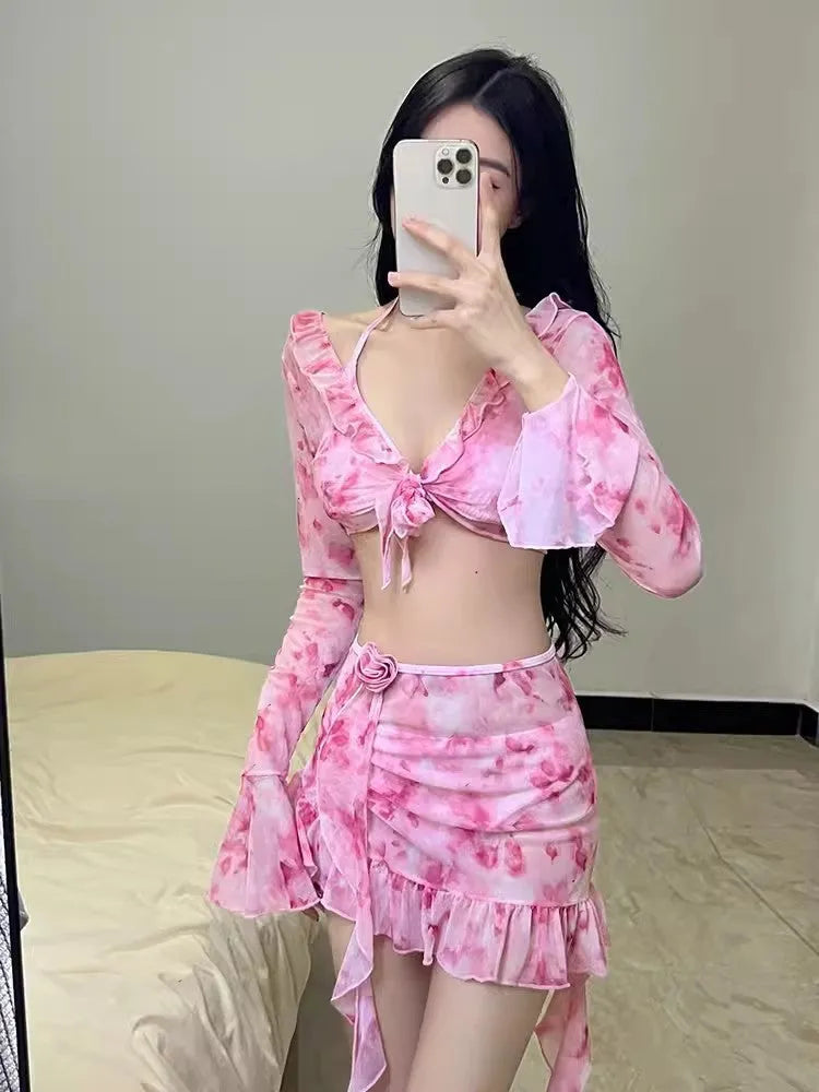 Women's floral bikini set in cherry blossom pink colour with polyester fabric