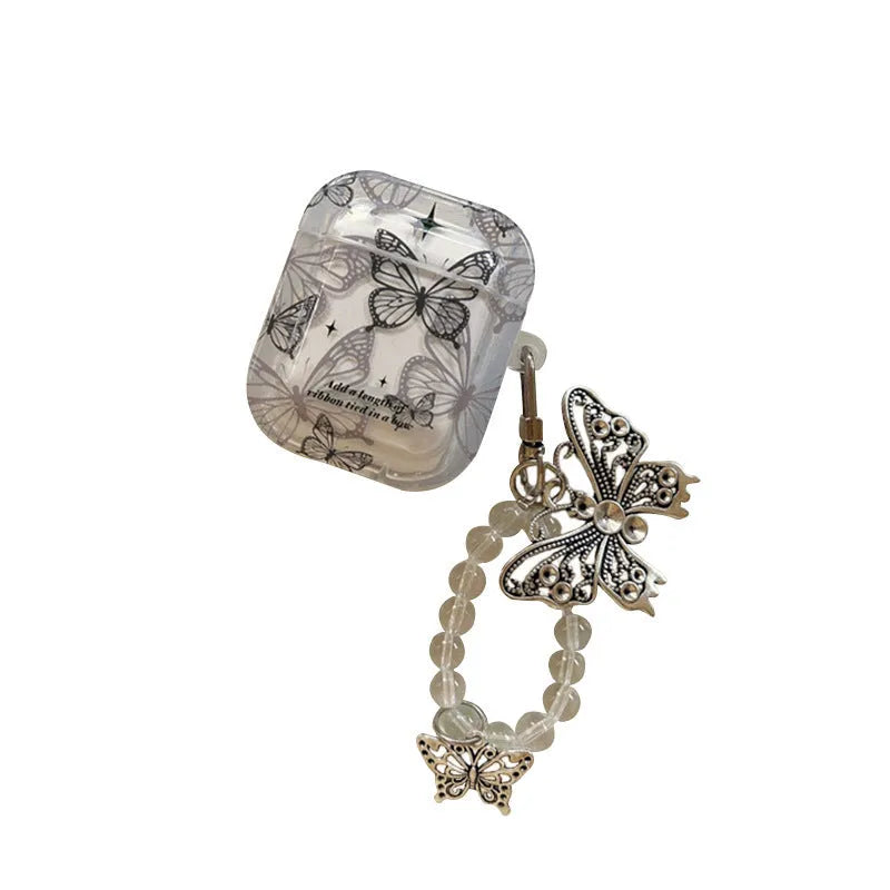 Butterfly TPU protective cover for AirPods with beaded pendant and embossed cartoon design