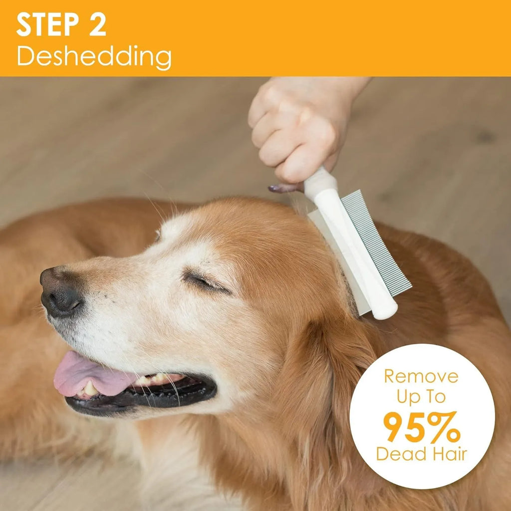 White dual-sided pet grooming brush with curved comb and deshedding blade on a grey handle.
