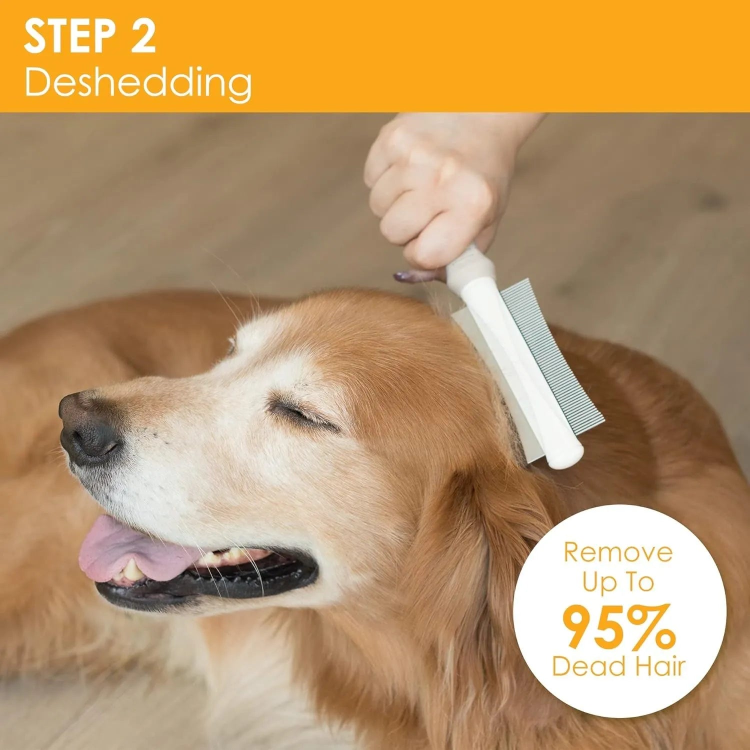 White dual-sided pet grooming brush with curved comb and deshedding blade on a grey handle.