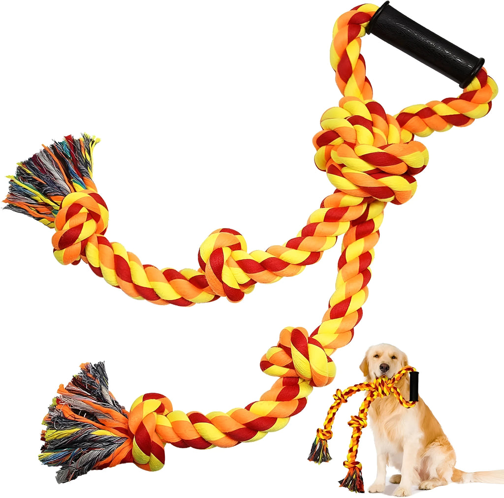 Blue and yellow durable cotton dog rope tug toy with ergonomic handle for large breed aggressive chewers