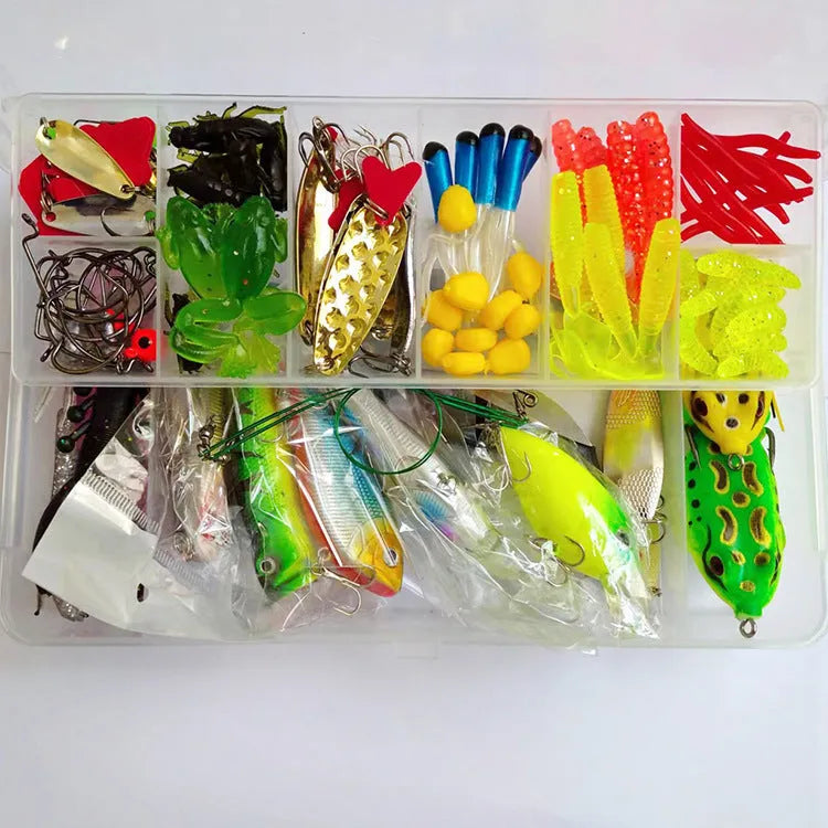 142-piece fishing lure collection with metal pliers showing hard mino and sequin baits