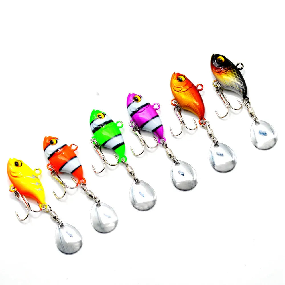 Metal sea fishing lure with rotating sequins in six colour patterns for saltwater gamefish
