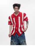 Men's red and black patchwork striped knitted short sleeve shirt with button decoration