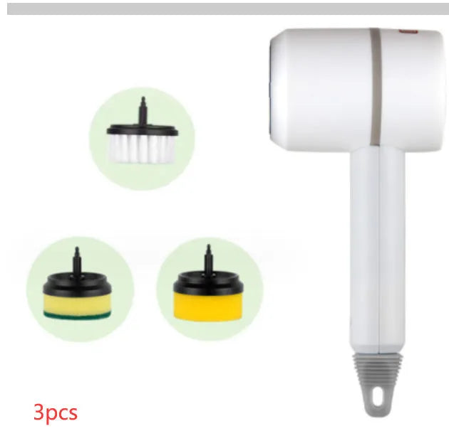 White rechargeable electric cleaning brush with multiple scrubber heads on a kitchen worktop.