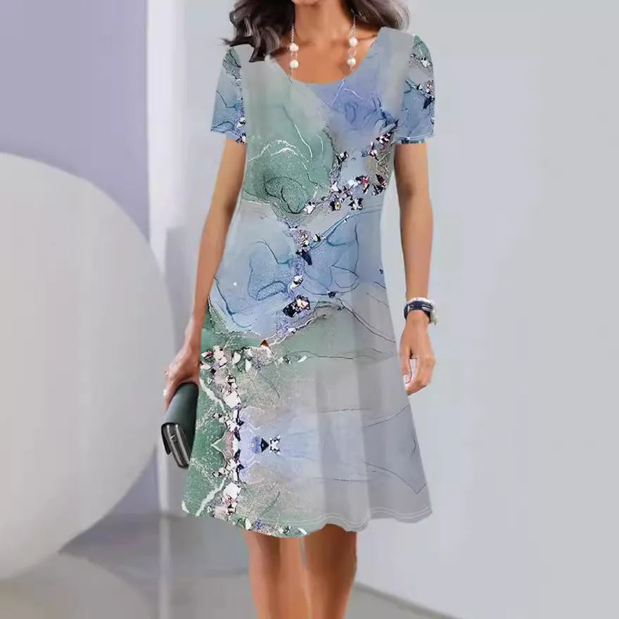 Ice silk summer dress with plants and flowers print, A-line skirt, short sleeves, and round neck.
