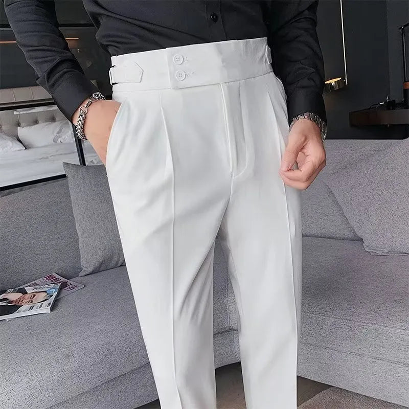 Retro high waist straight leg trousers in black, shown on a model.