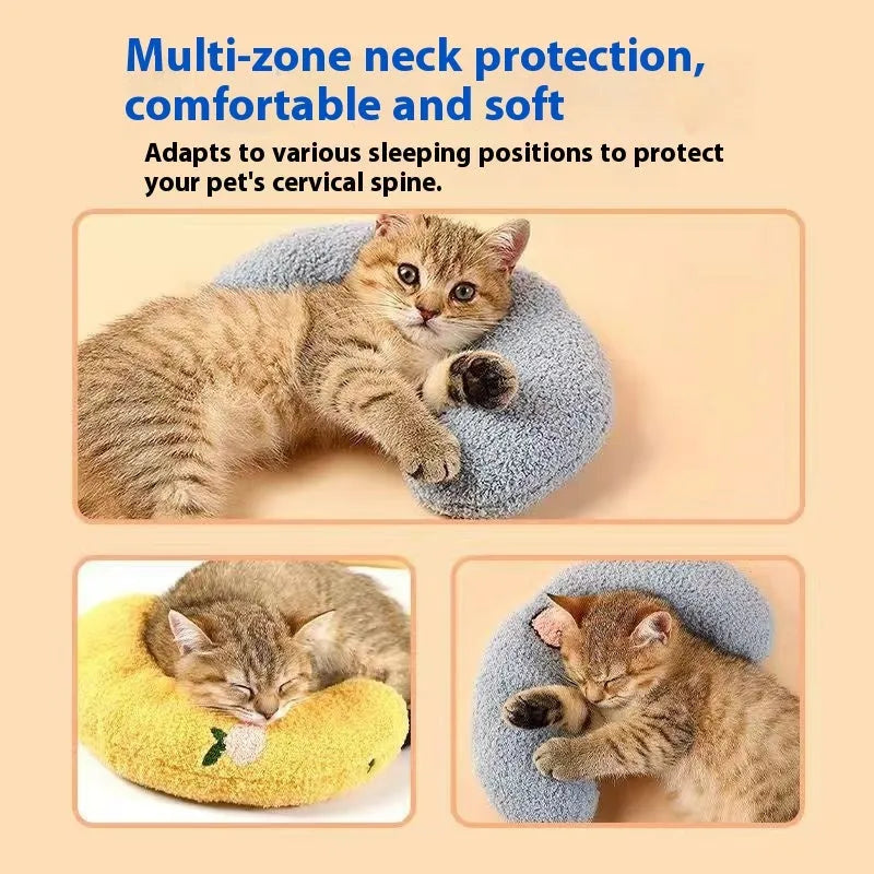 Blue cat sleeping mat with a large yellow question mark shaped pillow for neck support.