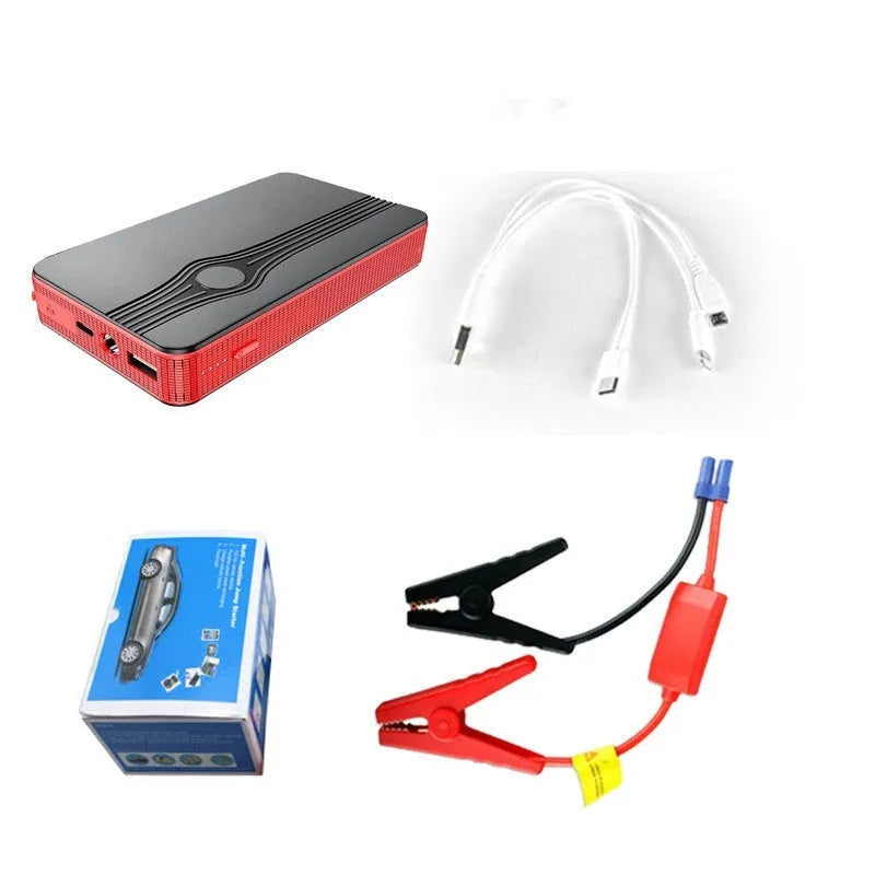 Red K4-E automobile emergency starting power supply and jump starter with USB cable.