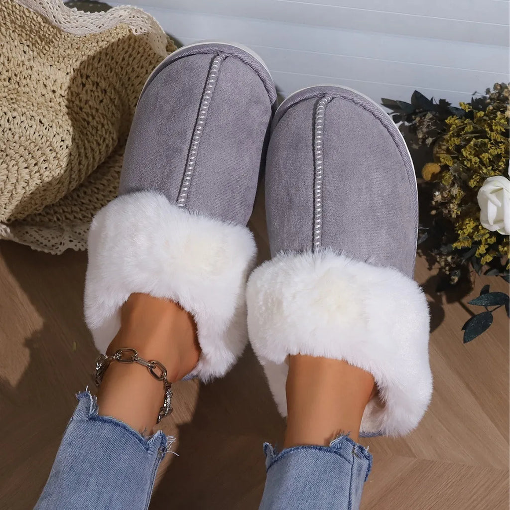 Cotton slippers with fleece lining, artificial wool inner, flat 2cm heel, PVC sole, solid colour design, sizes 36-45