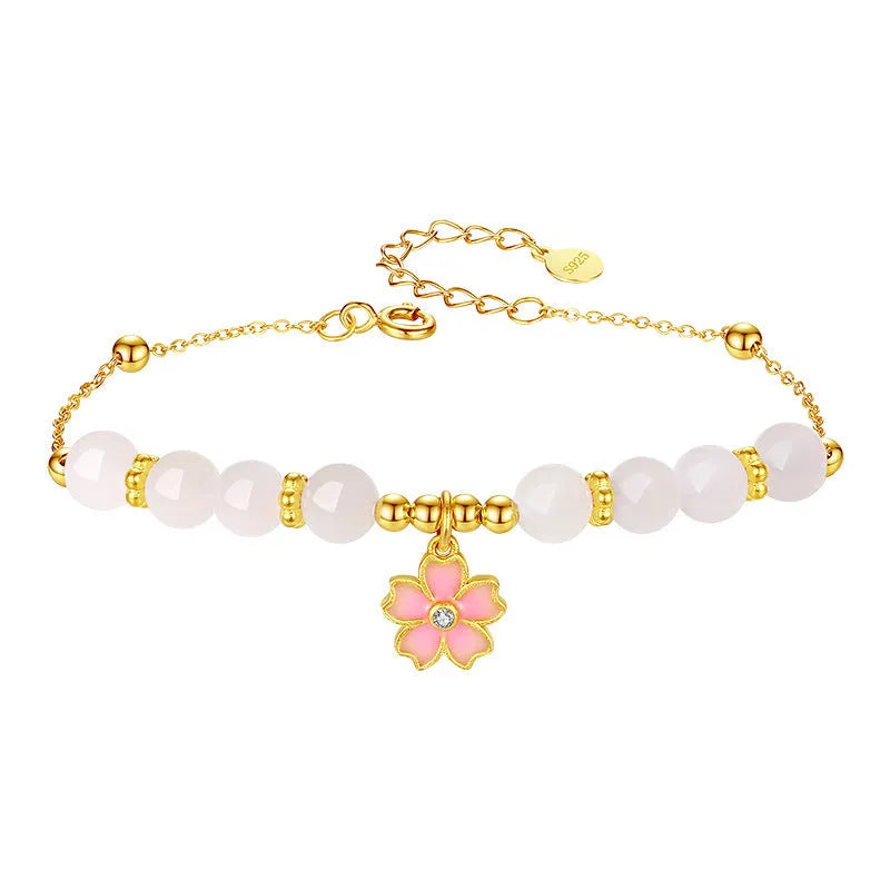 Women's silver bracelet with cherry blossom pendant and Hetian jade beads