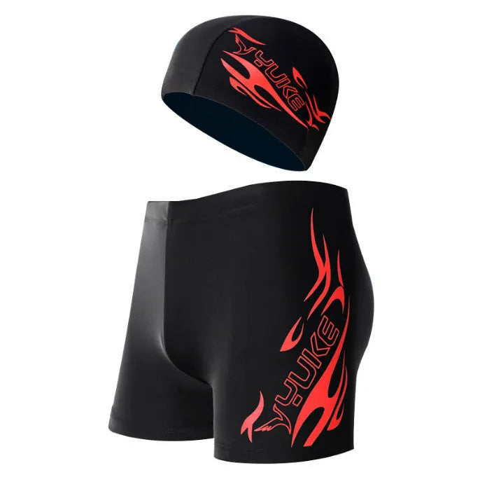 Men's plus size blue and red fire print boxer swimming trunks on a black background.