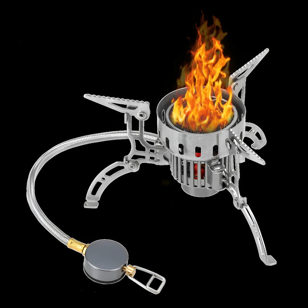 Silver portable camping stove head with windproof infrared burner and plastic storage box