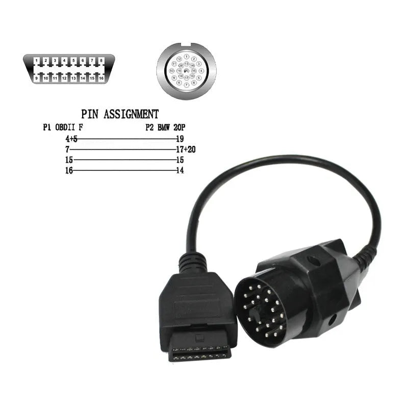 BMW OBD2 diagnostic cable adapter with 20-pin male plug and 16-pin female socket