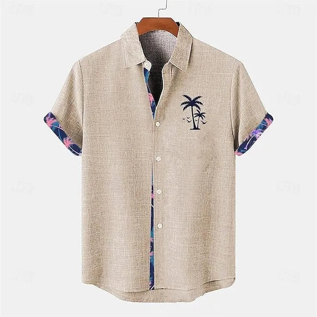 Linen short sleeve casual shirt with ocean fish pattern on lapel, loose fit for teenagers