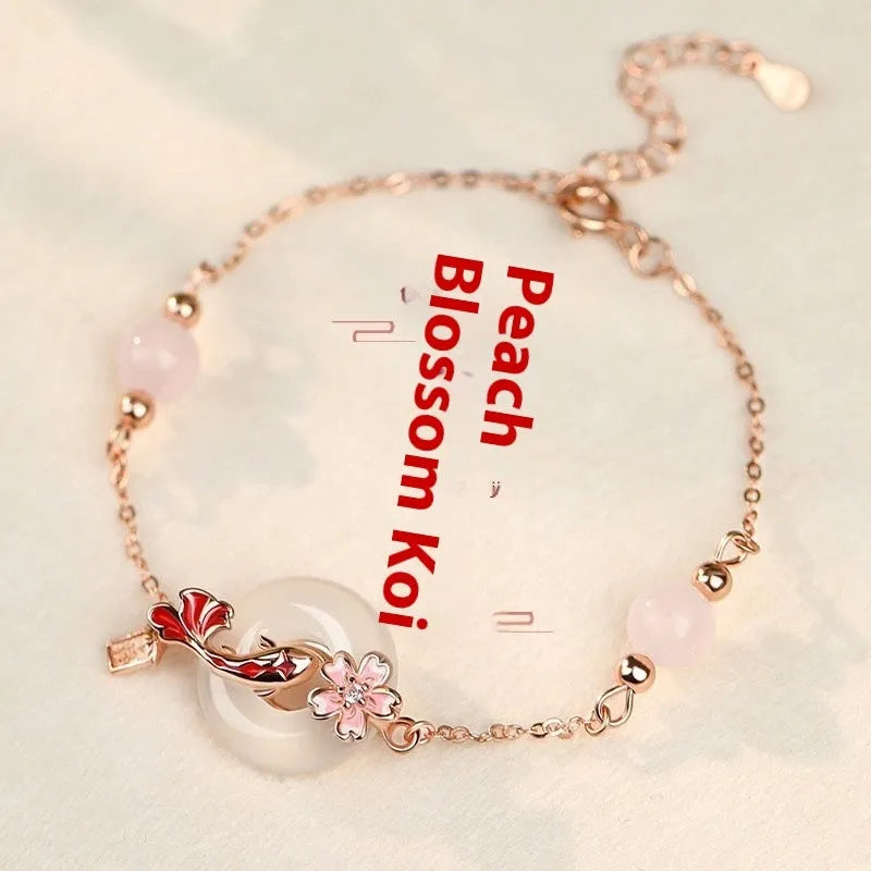 S925 sterling silver bracelet with Chinese floral designs and white chalcedony crystals in new Chinese style