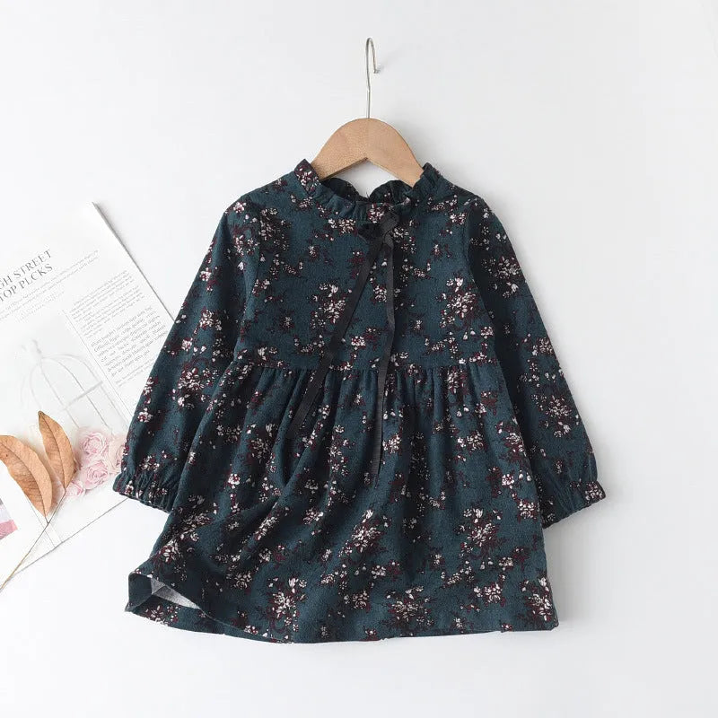 Little floral cotton girls ribbon bowknot dress in princess style with long sleeves available in multiple colours
