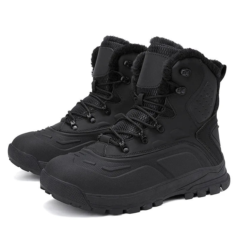 Men's black high-top boots with fleece lining and lace-up front, shown from the side.