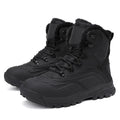 Men's black high-top boots with fleece lining and lace-up front, shown from the side.