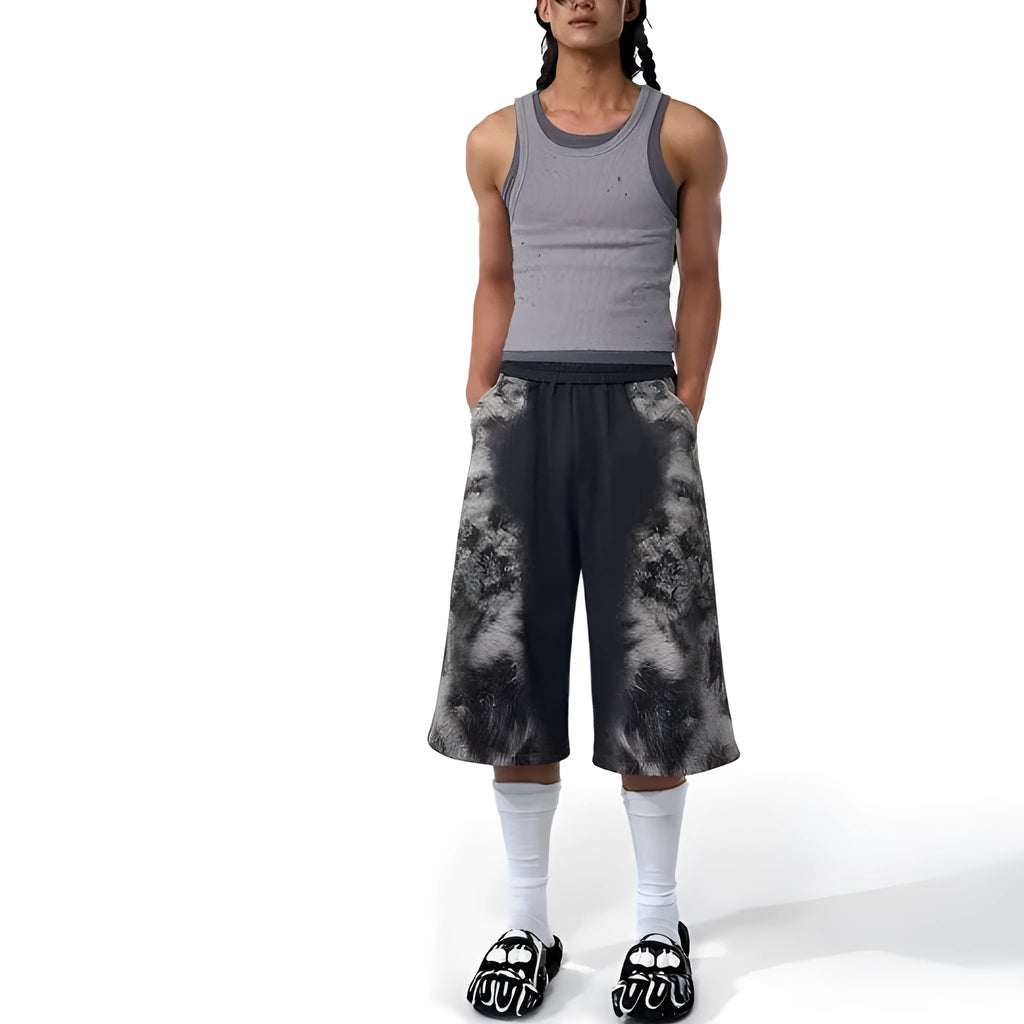 Street-trend loose fit clothing set showing printed hoodie, seven-inch shorts, and matching trousers.