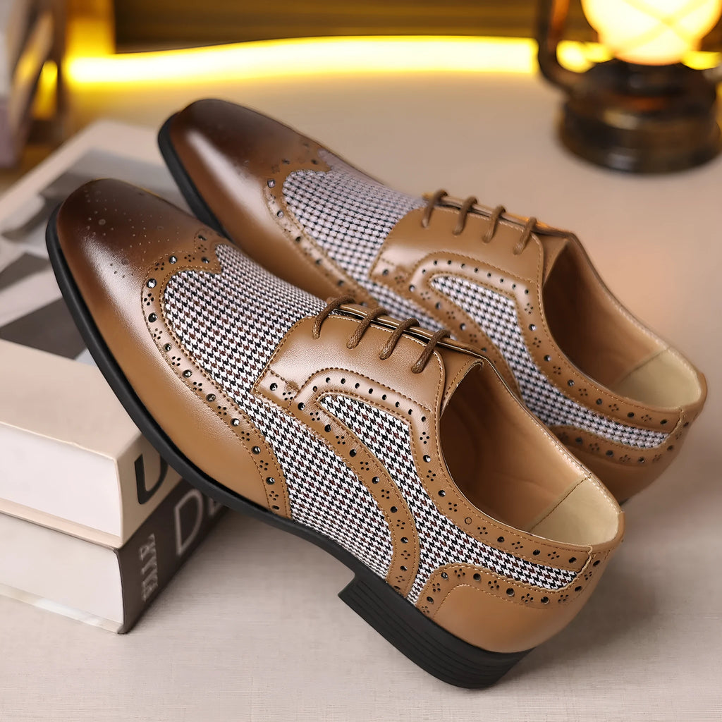 Men's black houndstooth plaid casual shoes with lace-up front and rubber sole.